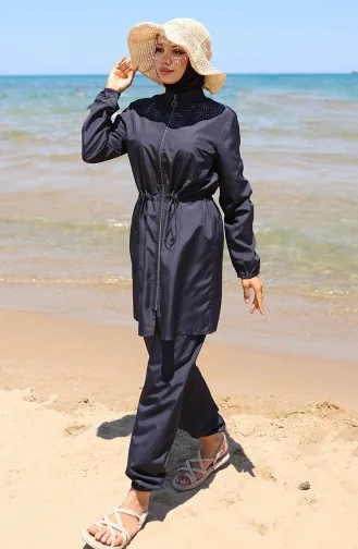 Marin Beli Lastikli Fermuarlı Tesettür Mayo Bone Hediyeli 9004-02 Lacivert