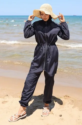 Marin Beli Lastikli Fermuarlı Tesettür Mayo Bone Hediyeli 9004-02 Lacivert