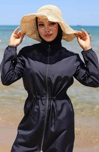 Marin Beli Lastikli Fermuarlı Tesettür Mayo Bone Hediyeli 9004-02 Lacivert