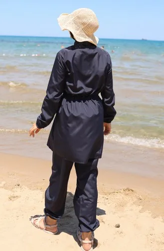 Marin Beli Lastikli Fermuarlı Tesettür Mayo Bone Hediyeli 9004-02 Lacivert