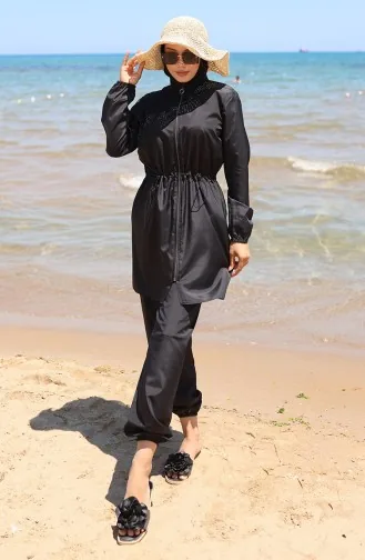 Maillot De Bain Hijab Zippé Taille élastique Marin Avec Bonnet Cadeau 9004-03 Noir 9004-03