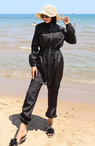 Maillot De Bain Hijab Zippé Taille élastique Marin Avec Bonnet Cadeau 9004-03 Noir 9004-03