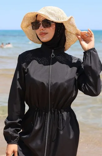 Maillot De Bain Hijab Zippé Taille élastique Marin Avec Bonnet Cadeau 9004-03 Noir 9004-03