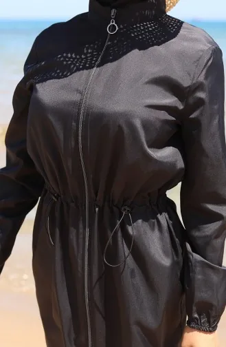 Maillot De Bain Hijab Zippé Taille élastique Marin Avec Bonnet Cadeau 9004-03 Noir 9004-03