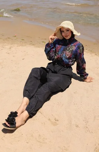 Elastischer Bund Blattmuster Reißverschluss Hijab-Badeanzug Mit Haube Geschenk 9005-01 Schwarz Fuchsia 9005-01