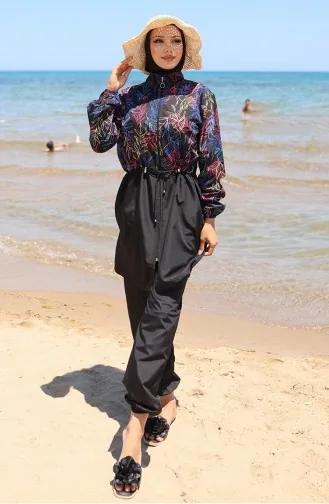 Elastische Taille Bladmotief Rits Hijab Badpak Met Muts Cadeau 9005-01 Zwart/fuchsia 9005-01