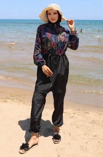 Elastische Taille Bladmotief Rits Hijab Badpak Met Muts Cadeau 9005-01 Zwart/fuchsia 9005-01