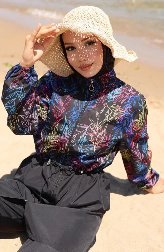 Elastische Taille Bladmotief Rits Hijab Badpak Met Muts Cadeau 9005-01 Zwart/fuchsia 9005-01