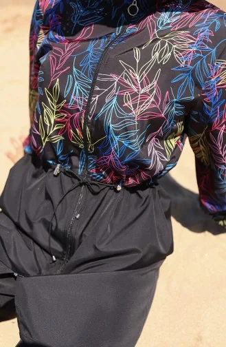 Elastische Taille Bladmotief Rits Hijab Badpak Met Muts Cadeau 9005-01 Zwart/fuchsia 9005-01