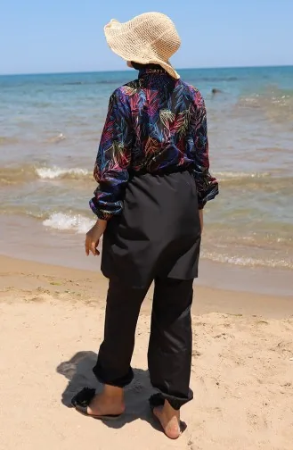 Elastische Taille Bladmotief Rits Hijab Badpak Met Muts Cadeau 9005-01 Zwart/fuchsia 9005-01