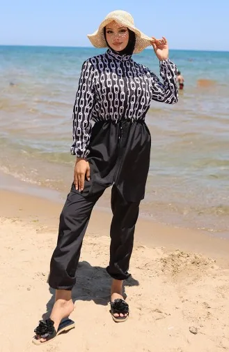 ملابس سباحة للحجاب بسحاب وسلسلة خصر مرنة مع غطاء للرأس هدية 9005A-01 باللونين الأبيض والأسود 9005A-01