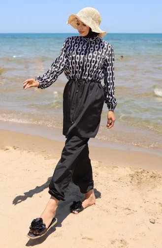 ملابس سباحة للحجاب بسحاب وسلسلة خصر مرنة مع غطاء للرأس هدية 9005A-01 باللونين الأبيض والأسود 9005A-01