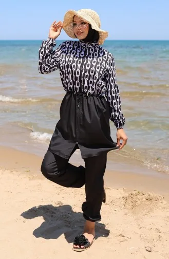 ملابس سباحة للحجاب بسحاب وسلسلة خصر مرنة مع غطاء للرأس هدية 9005A-01 باللونين الأبيض والأسود 9005A-01