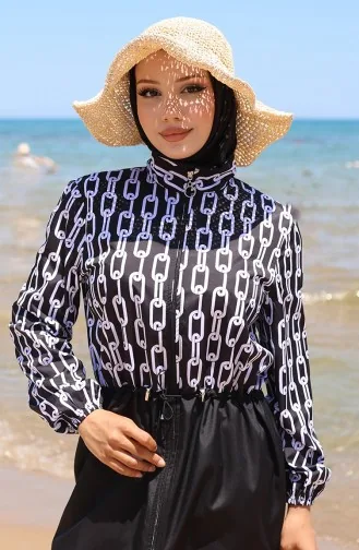 ملابس سباحة للحجاب بسحاب وسلسلة خصر مرنة مع غطاء للرأس هدية 9005A-01 باللونين الأبيض والأسود 9005A-01