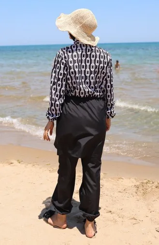 ملابس سباحة للحجاب بسحاب وسلسلة خصر مرنة مع غطاء للرأس هدية 9005A-01 باللونين الأبيض والأسود 9005A-01