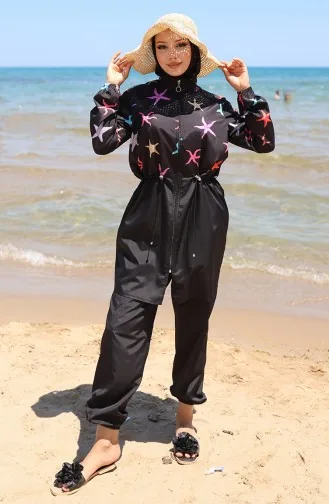 Elastic Waist Star Patterned Zippered Hijab Swimsuit With Bonnet Gift 9005B-01 Black Lilac 9005B-01