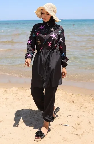 Elastic Waist Star Patterned Zippered Hijab Swimsuit With Bonnet Gift 9005B-01 Black Lilac 9005B-01