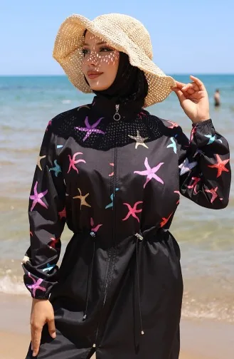 Elastic Waist Star Patterned Zippered Hijab Swimsuit With Bonnet Gift 9005B-01 Black Lilac 9005B-01