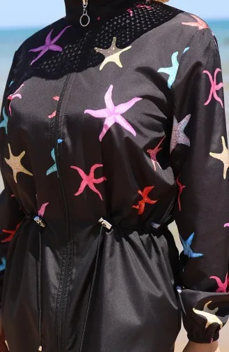 Elastic Waist Star Patterned Zippered Hijab Swimsuit With Bonnet Gift 9005B-01 Black Lilac 9005B-01