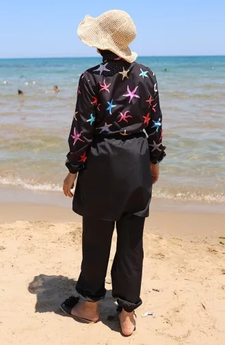 Elastic Waist Star Patterned Zippered Hijab Swimsuit With Bonnet Gift 9005B-01 Black Lilac 9005B-01