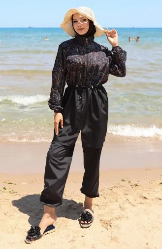 Beli Lastikli Otantik Desenli Fermuarlı Tesettür Mayo Bone Hediyeli 9005C-01 Siyah Mavi