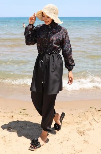 Beli Lastikli Otantik Desenli Fermuarlı Tesettür Mayo Bone Hediyeli 9005C-01 Siyah Mavi