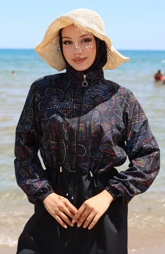 Beli Lastikli Otantik Desenli Fermuarlı Tesettür Mayo Bone Hediyeli 9005C-01 Siyah Mavi