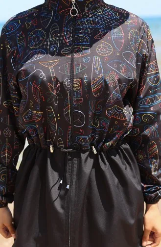 Beli Lastikli Otantik Desenli Fermuarlı Tesettür Mayo Bone Hediyeli 9005C-01 Siyah Mavi