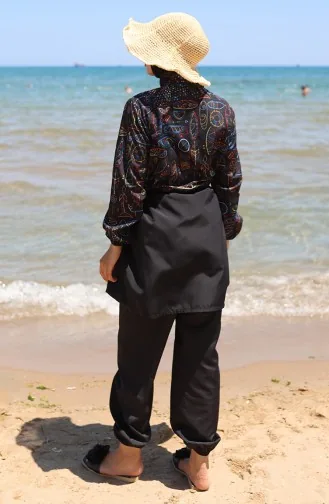 Beli Lastikli Otantik Desenli Fermuarlı Tesettür Mayo Bone Hediyeli 9005C-01 Siyah Mavi