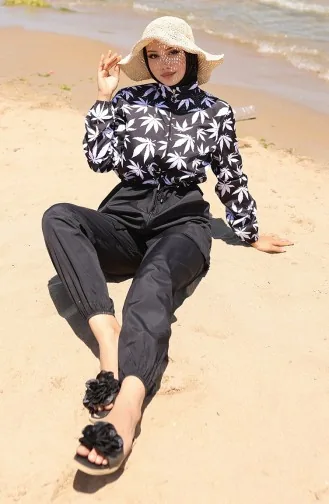 مايوه حجاب بسحاب ونقوش زهرية وخصر مطاطي مع غطاء للرأس 9005D-01 أسود وأبيض 9005D-01