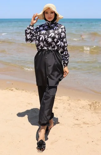 مايوه حجاب بسحاب ونقوش زهرية وخصر مطاطي مع غطاء للرأس 9005D-01 أسود وأبيض 9005D-01