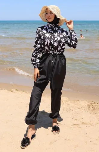 مايوه حجاب بسحاب ونقوش زهرية وخصر مطاطي مع غطاء للرأس 9005D-01 أسود وأبيض 9005D-01