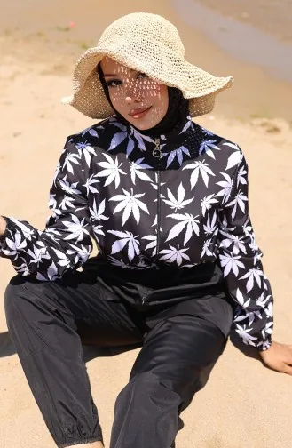 مايوه حجاب بسحاب ونقوش زهرية وخصر مطاطي مع غطاء للرأس 9005D-01 أسود وأبيض 9005D-01