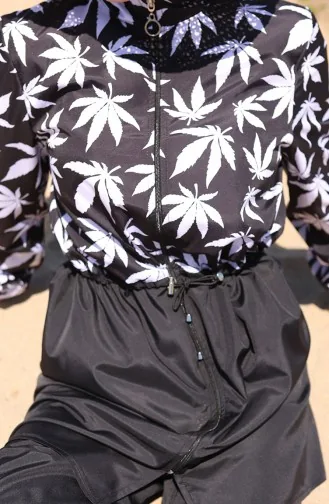 مايوه حجاب بسحاب ونقوش زهرية وخصر مطاطي مع غطاء للرأس 9005D-01 أسود وأبيض 9005D-01