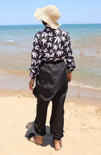 مايوه حجاب بسحاب ونقوش زهرية وخصر مطاطي مع غطاء للرأس 9005D-01 أسود وأبيض 9005D-01