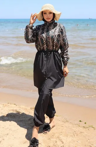 Elastischer Bund Sahara-gemusterter Hijab-Badeanzug Mit Reißverschluss Und Haube Geschenk 9005E-01 Schwarz/Grün 9005E-01
