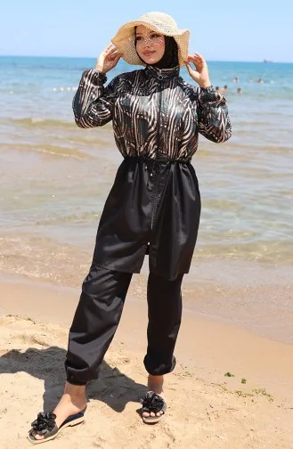 Elastischer Bund Sahara-gemusterter Hijab-Badeanzug Mit Reißverschluss Und Haube Geschenk 9005E-01 Schwarz/Grün 9005E-01