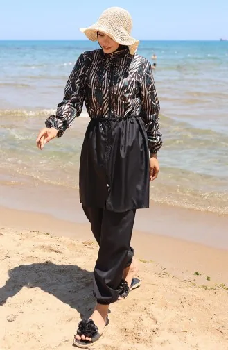 Elastischer Bund Sahara-gemusterter Hijab-Badeanzug Mit Reißverschluss Und Haube Geschenk 9005E-01 Schwarz/Grün 9005E-01