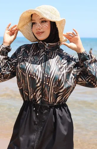 Elastischer Bund Sahara-gemusterter Hijab-Badeanzug Mit Reißverschluss Und Haube Geschenk 9005E-01 Schwarz/Grün 9005E-01