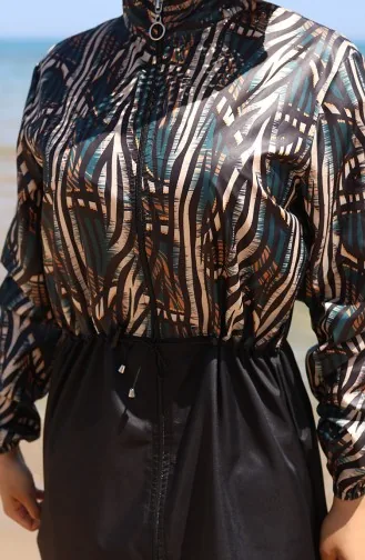Elastischer Bund Sahara-gemusterter Hijab-Badeanzug Mit Reißverschluss Und Haube Geschenk 9005E-01 Schwarz/Grün 9005E-01