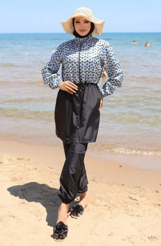 Elastic Waist Monogram Patterned Zippered Hijab Swimsuit With Bonnet 9005F-01 Black Blue 9005F-01