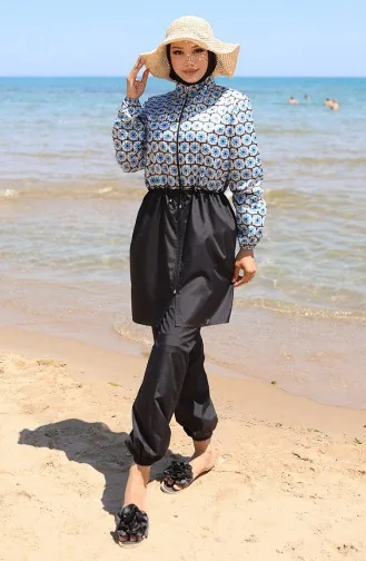 Elastic Waist Monogram Patterned Zippered Hijab Swimsuit With Bonnet 9005F-01 Black Blue 9005F-01