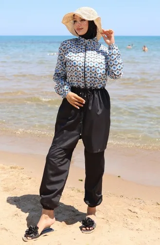 Elastic Waist Monogram Patterned Zippered Hijab Swimsuit With Bonnet 9005F-01 Black Blue 9005F-01