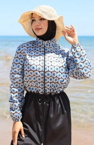 Elastic Waist Monogram Patterned Zippered Hijab Swimsuit With Bonnet 9005F-01 Black Blue 9005F-01
