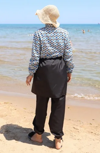 Elastic Waist Monogram Patterned Zippered Hijab Swimsuit With Bonnet 9005F-01 Black Blue 9005F-01