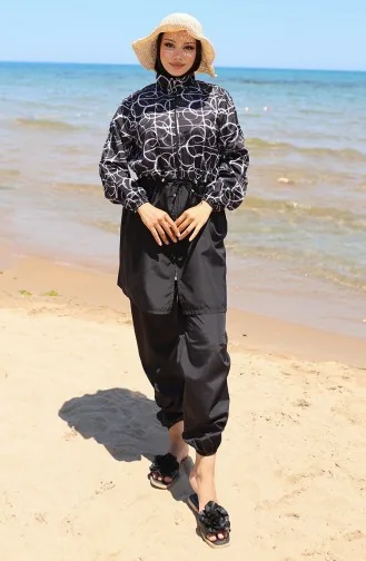 Elastische Taille Schaduwpatroon Rits Hijab Badpak Met Muts Cadeau 9005G-01 Zwart En Wit 9005G-01