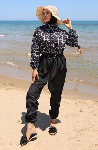 Elastische Taille Schaduwpatroon Rits Hijab Badpak Met Muts Cadeau 9005G-01 Zwart En Wit 9005G-01