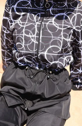 Elastische Taille Schaduwpatroon Rits Hijab Badpak Met Muts Cadeau 9005G-01 Zwart En Wit 9005G-01