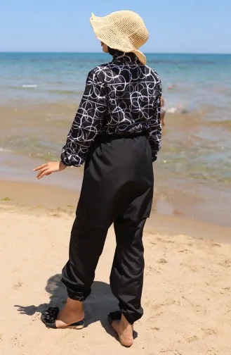 Elastische Taille Schaduwpatroon Rits Hijab Badpak Met Muts Cadeau 9005G-01 Zwart En Wit 9005G-01