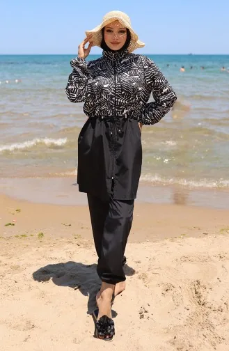 Beli Lastikli Zebra Desenli Fermuarlı Tesettür Mayo Bone Hediyeli 9005J-01 Siyah Beyaz